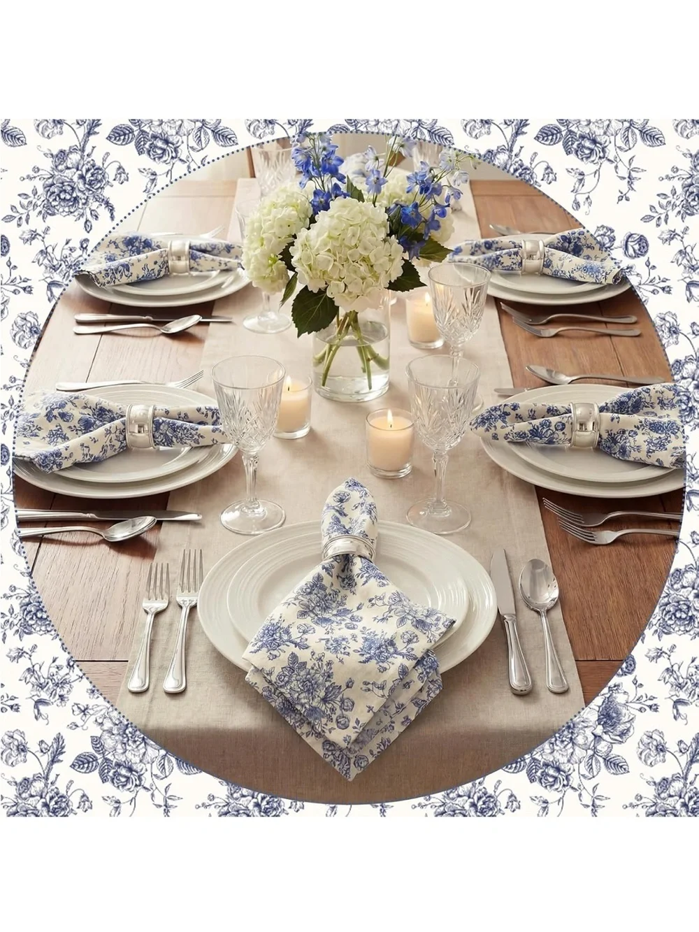 NEW Mindsoft Blue Floral Linen Napkins - Set of 12